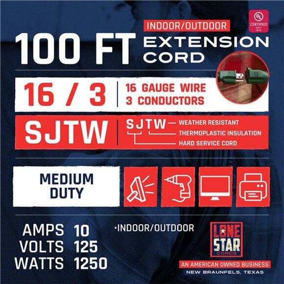 100 Ft 16/3 SJTW Extra Long Outdoor Extension Cord with Prong 16 Gauge - Picture 2 of 7